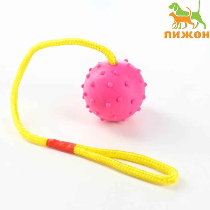 Игрушка для собак, мяч на веревке, 6 см, розовая, жёлтая