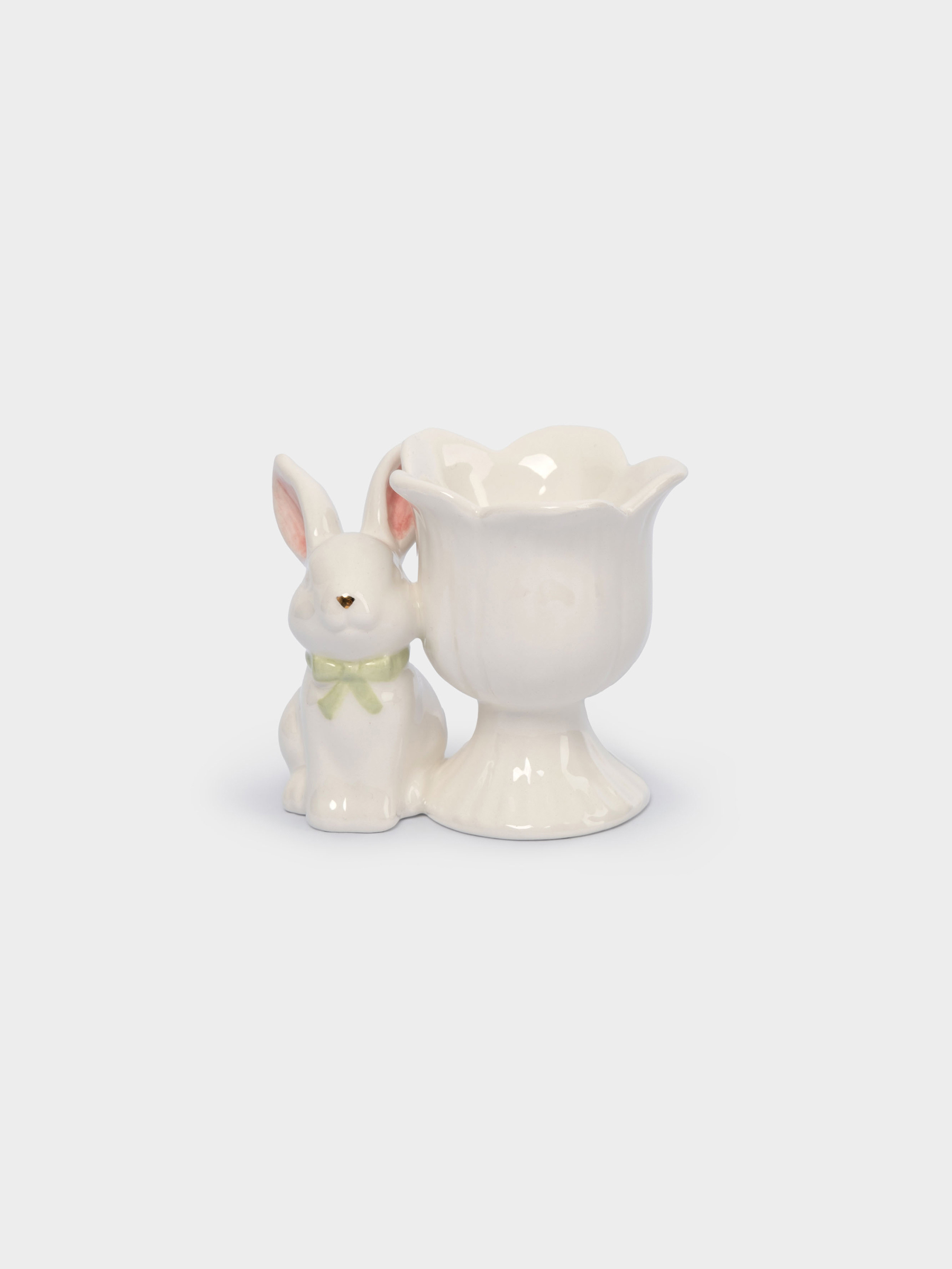 Подставка для яйца, 7 см, керамика, молочно-золотистая, Кролик с цветком, White Rabbit