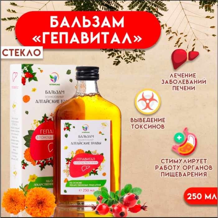 Безалкогольный алтайский бальзам на травах Vitamuno «Гепавитал», в помощь работе печени, стекло, 250 мл
