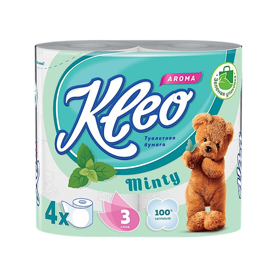 Бумага туалетная Kleo аромат Мята, 3 слоя, 4 рулона