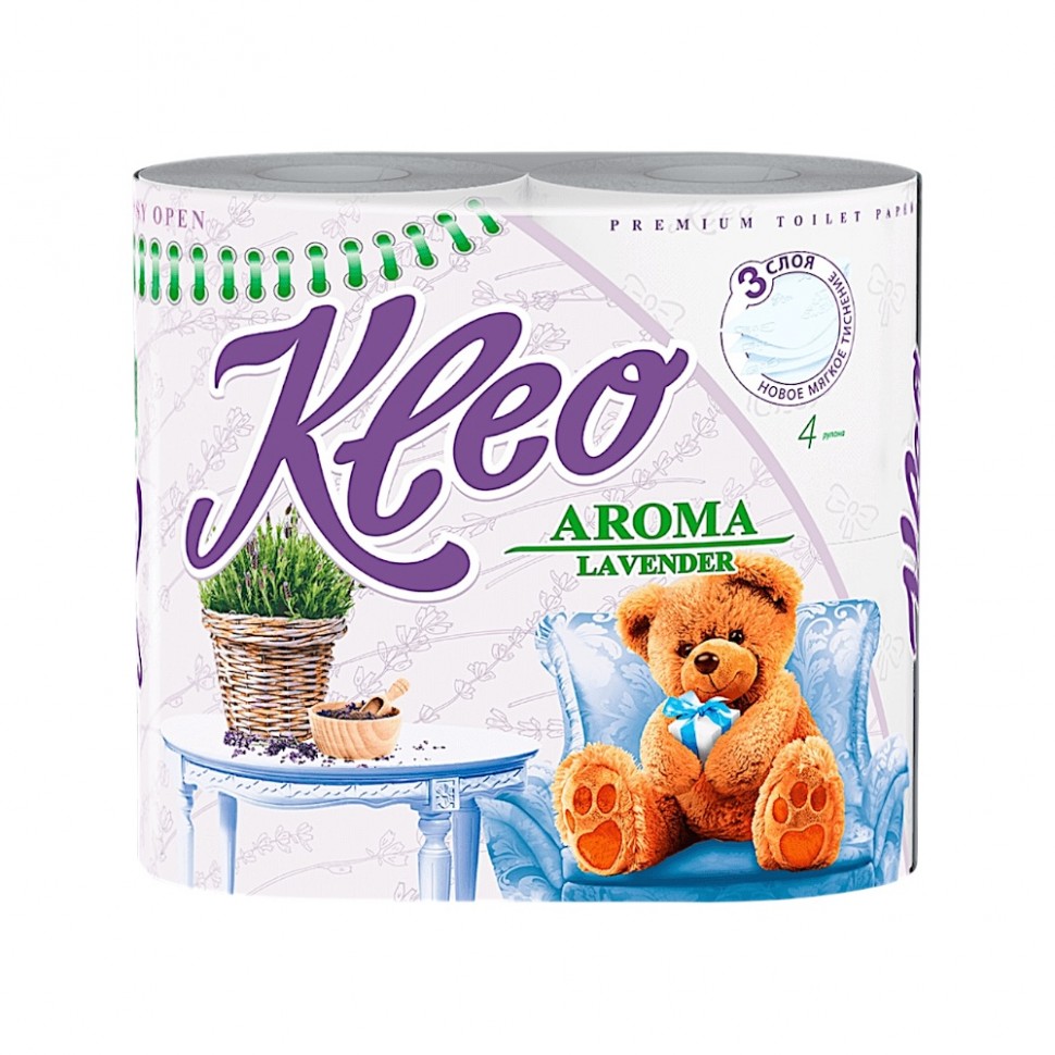 Бумага туалетная Kleo аромат Лаванда, 3 слоя, 4 рулона