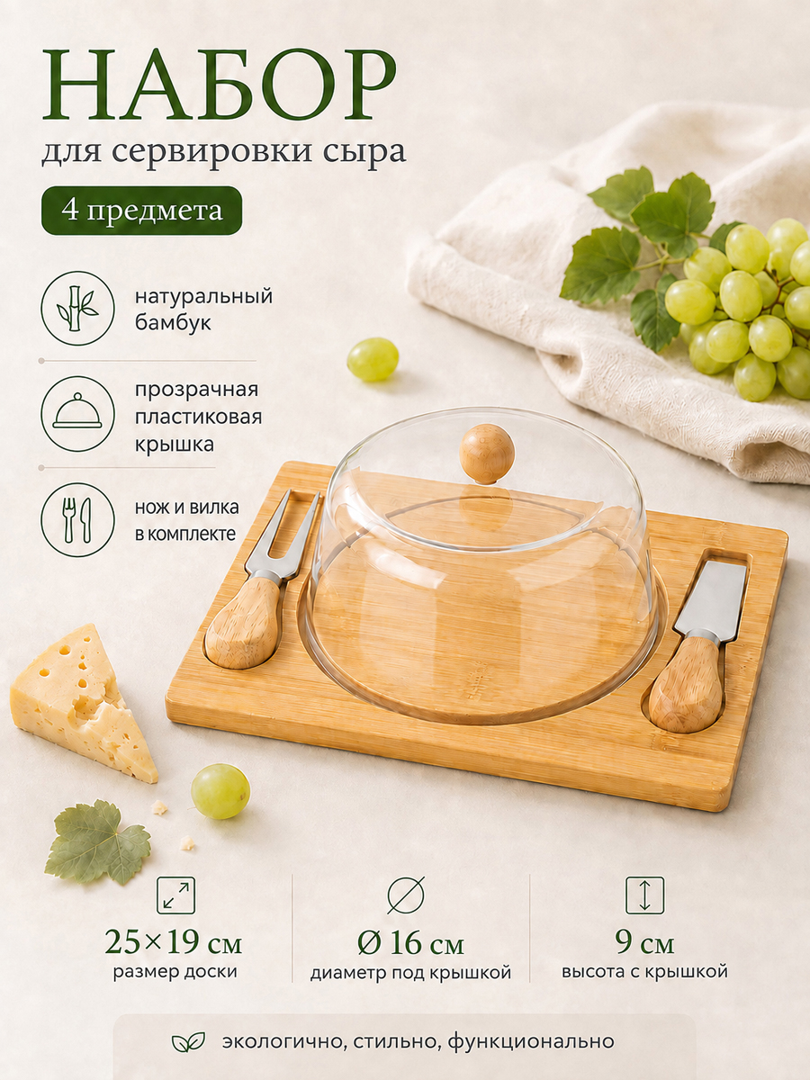 БЫЛО 1038 руб! Набор д/сервировки сыра 4 пр. 25*19*9 см с крышкой