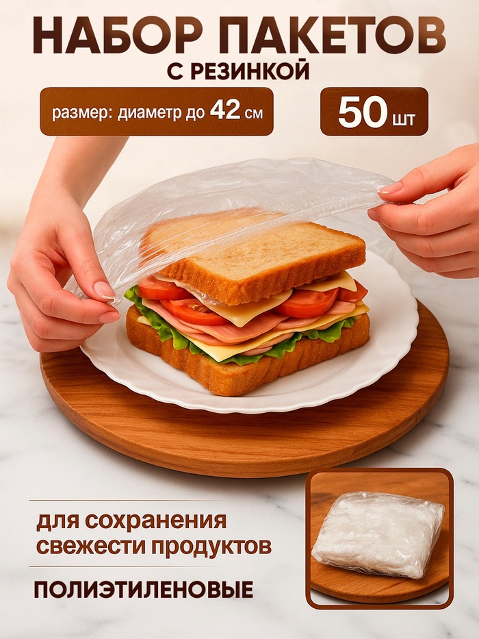 Набор пакетов для сохранения свежести продуктов с резинкой, Ø до 42 см, 50 шт.