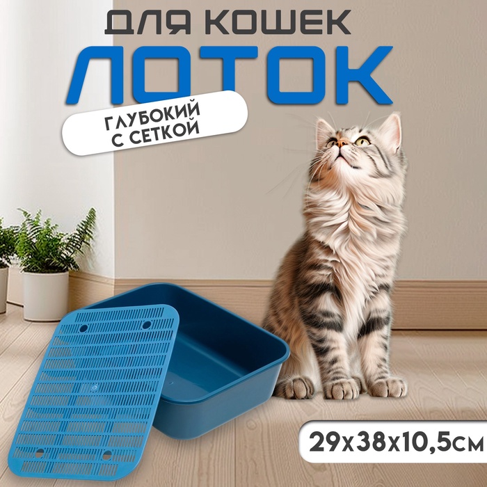 Туалет для кошек «Сима» FIX, 29×38×10.5 см, с сеткой, пластик, синий