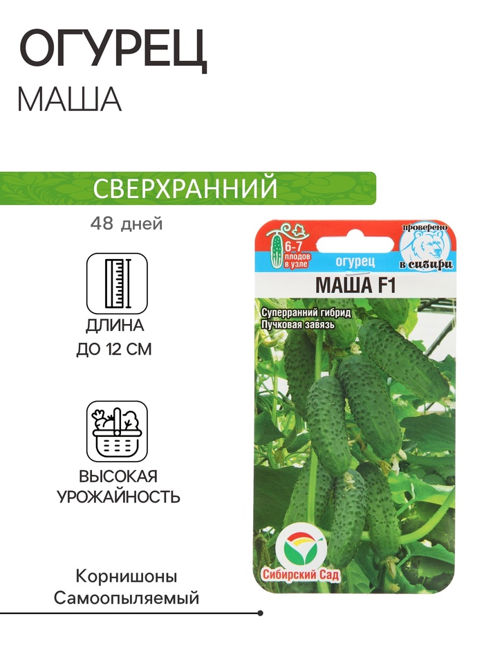 Семена Огурец «Маша», F1, самоопыляемый, 5 шт., «Сибирский сад»