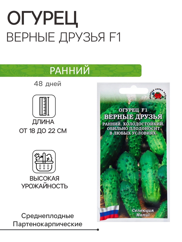 Семена Огурец «Верные друзья», F1, раннеспелый, 0.15 г, «Золотая сотка Алтая» селекция Manul