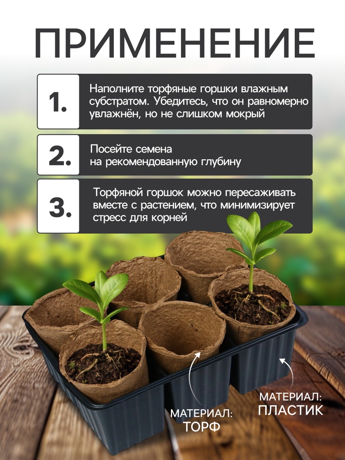 Набор для рассады: торфяной горшок 6×6 см, кассета на 6 ячеек, 17.5×13.5 см, Greengo