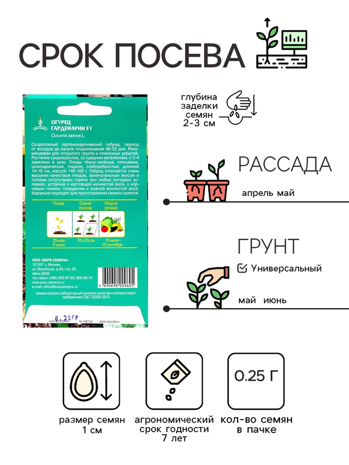 Семена Огурец Гардемарин F1 цв/п 0.25 г, скороспелый, партенокарпический, гладкий, салатный