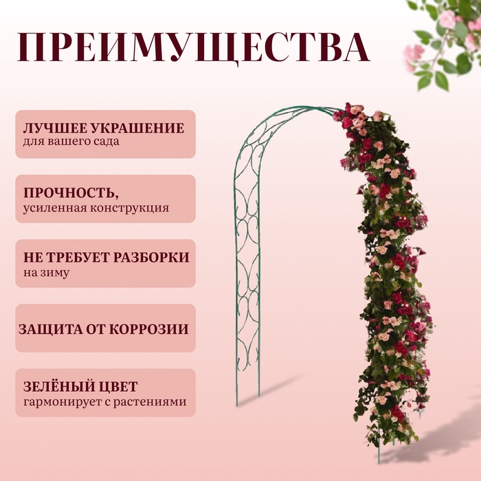 Арка садовая, 250×120×30 см, для вьющихся растений, металлическая, зелёная, «Узор-2»