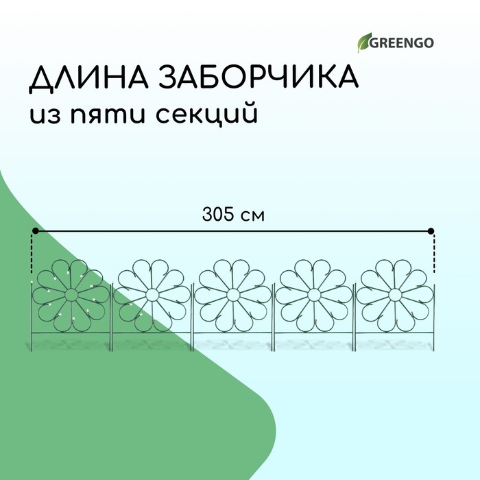 Ограждение декоративное, 75×305 см, 5 секций, металл, зелёное, «Ромашка»