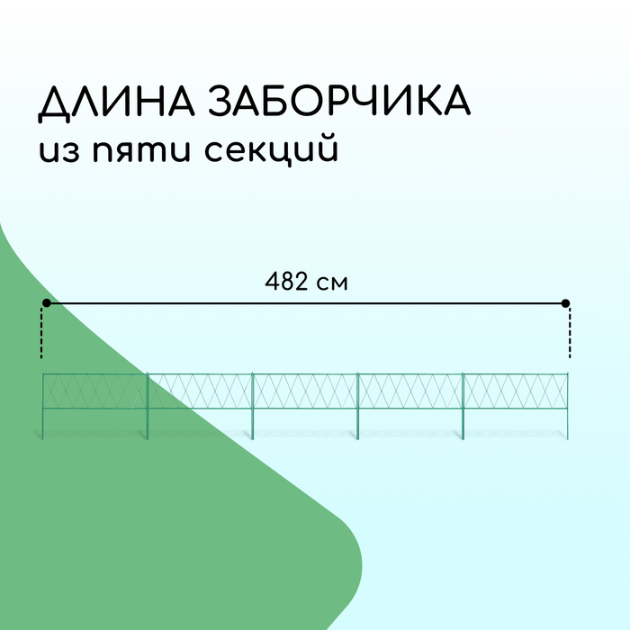 Ограждение декоративное, 70×482 см, 5 секций, металл, зелёное, «Буби»