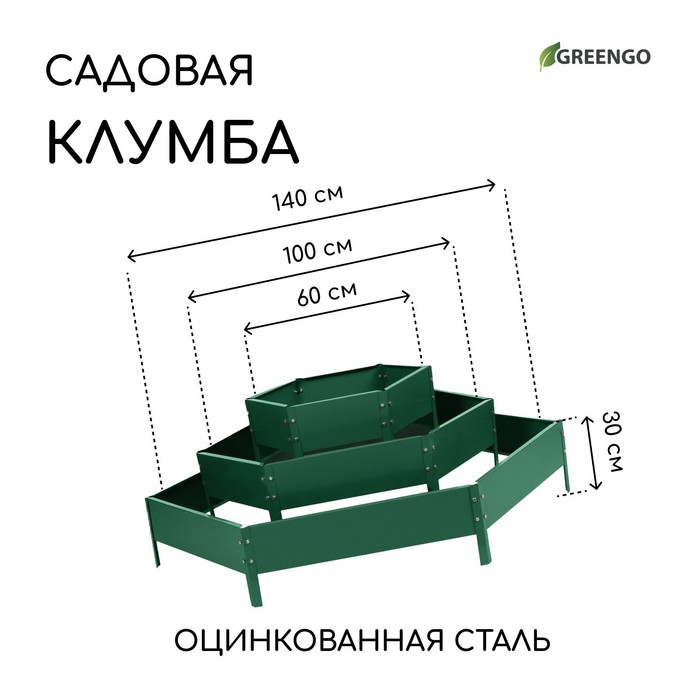 Клумба оцинкованная, 3 яруса, d=60–100–140 см, высота бортика 45 см, зелёная, Greengo