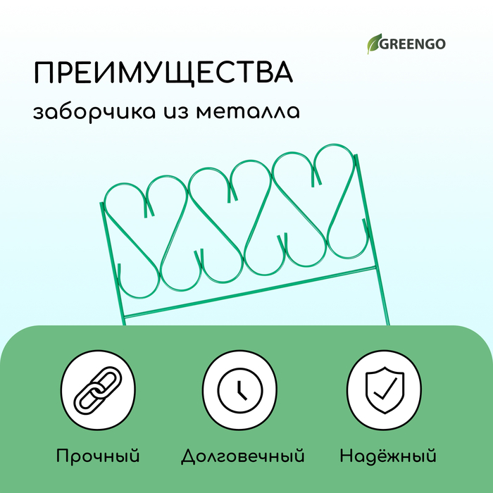 Ограждение декоративное, 54×340 см, 5 секций, металл, зелёное, «Изящный»