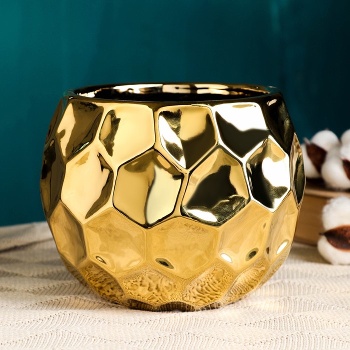 Фигурное кашпо для цветов «Солнечный шар», 2.5 л, 18×15×15.3 см, керамика, золотистое