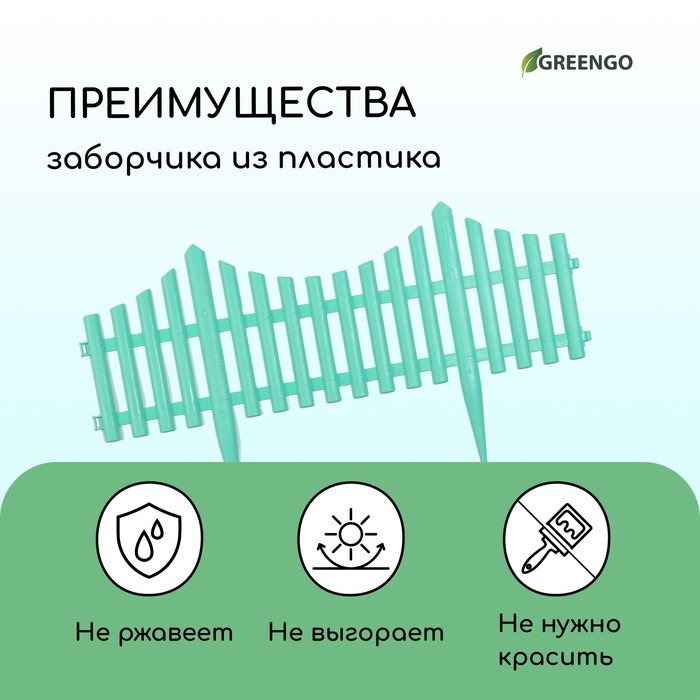 Ограждение декоративное, 30×300 см, 5 секций, пластик, бирюзовое, Greengo
