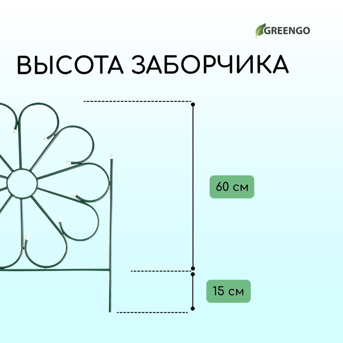 Ограждение декоративное, 75×305 см, 5 секций, металл, зелёное, «Ромашка»