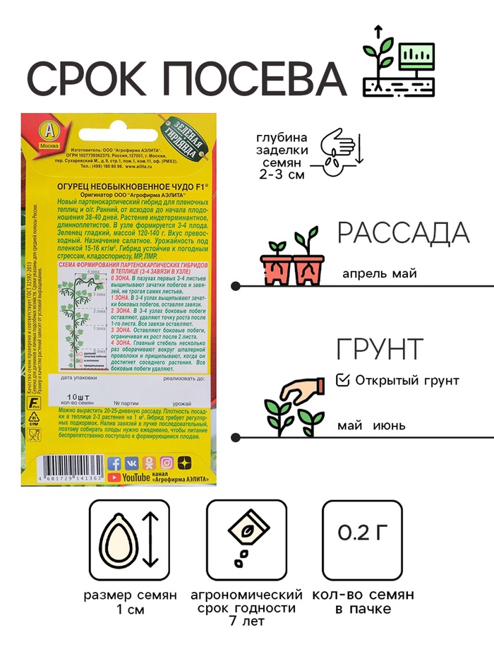 Семена Огурец «Необыкновенное чудо», F1, раннеспелый, партенокарпический, 0.25 г (10 шт.), «Аэлита»