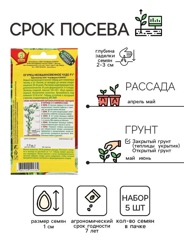 Семена Огурец «Необыкновенное чудо» F1, раннеспелый, партенокарпический, набор 5 шт., «Мой выбор»