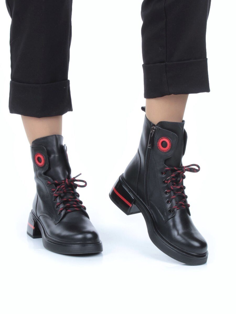 01-P514-1 BLACK/RED Ботинки демисезонные женские (натуральная кожа, байка)