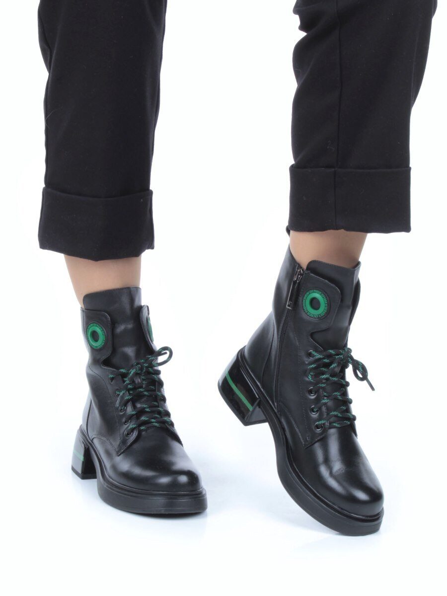 01-P514-4 BLACK/GREEN Ботинки демисезонные женские (натуральная кожа, байка)