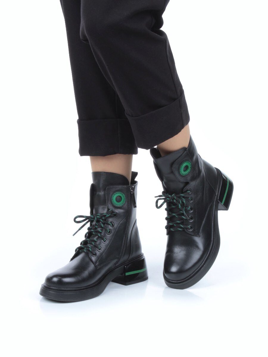 01-P514-4 BLACK/GREEN Ботинки демисезонные женские (натуральная кожа, байка)