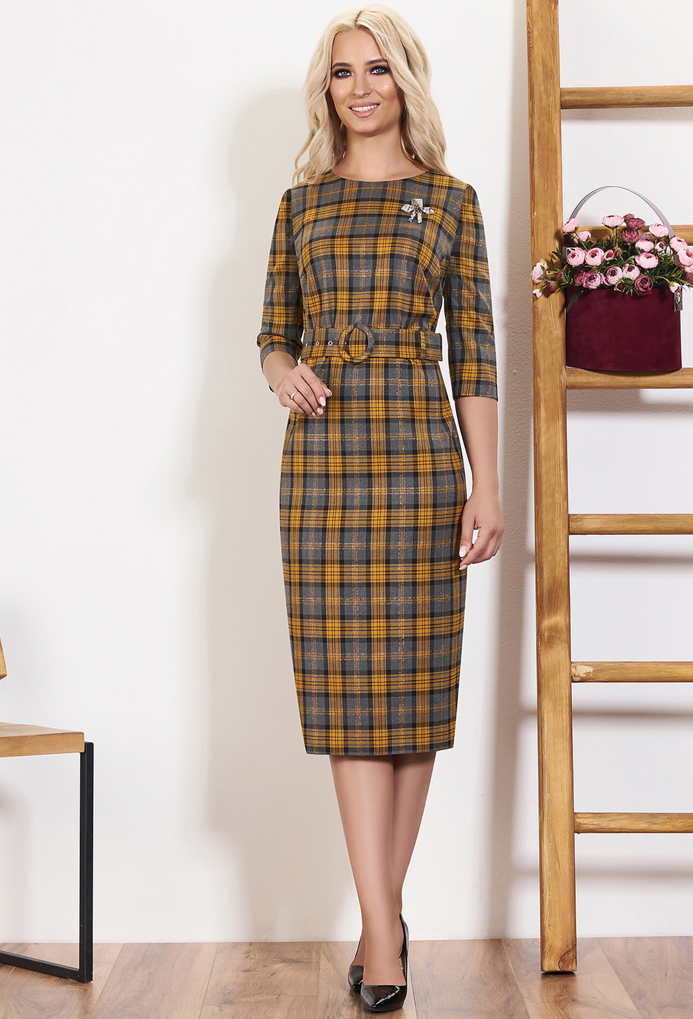 ст. цена2499руб.! Платье Bazalini 3490 горчица клетка