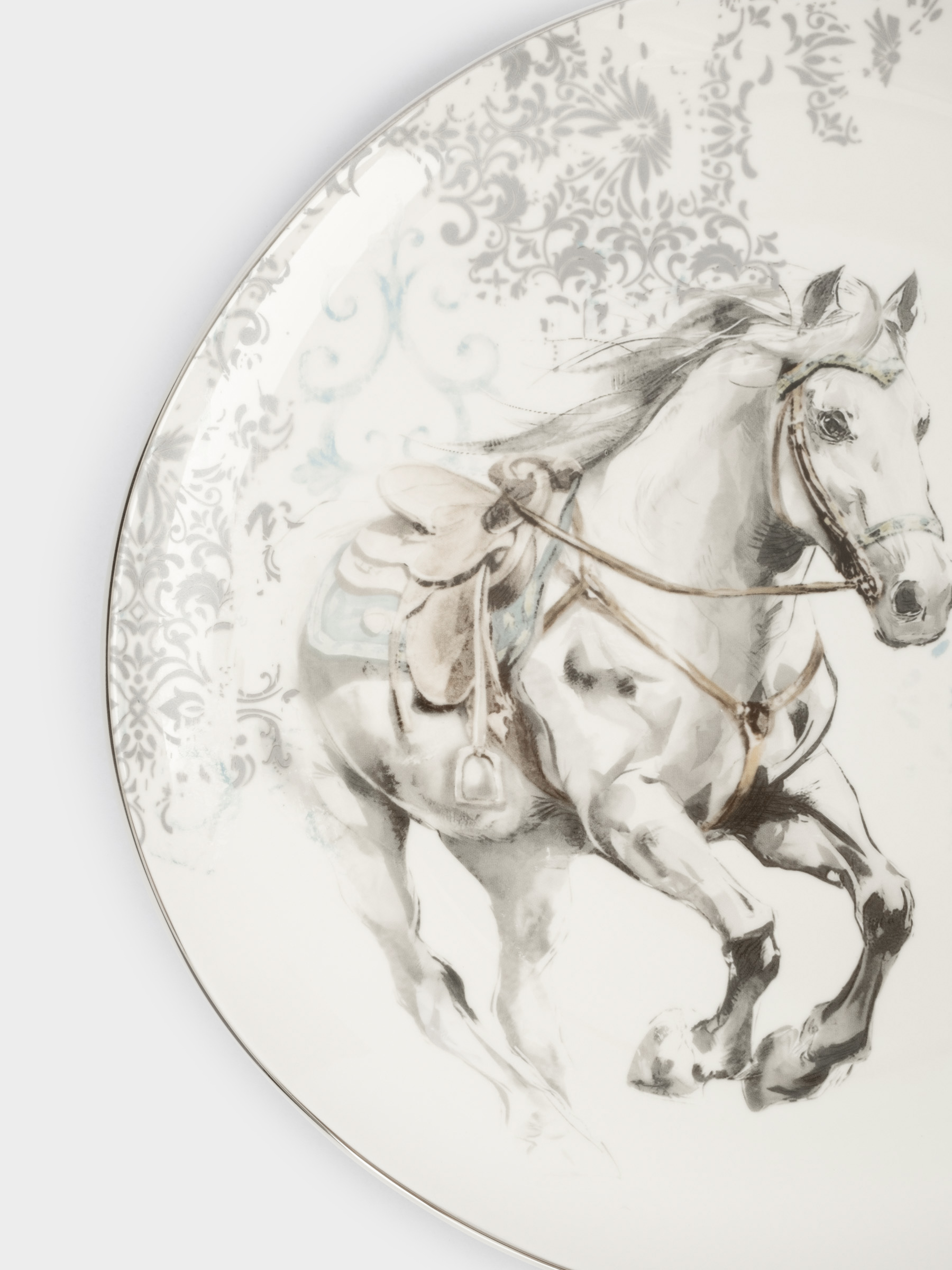 Тарелка обеденная, 28 см, фарфор N, белая, с серебристым кантом, Конь, White horse