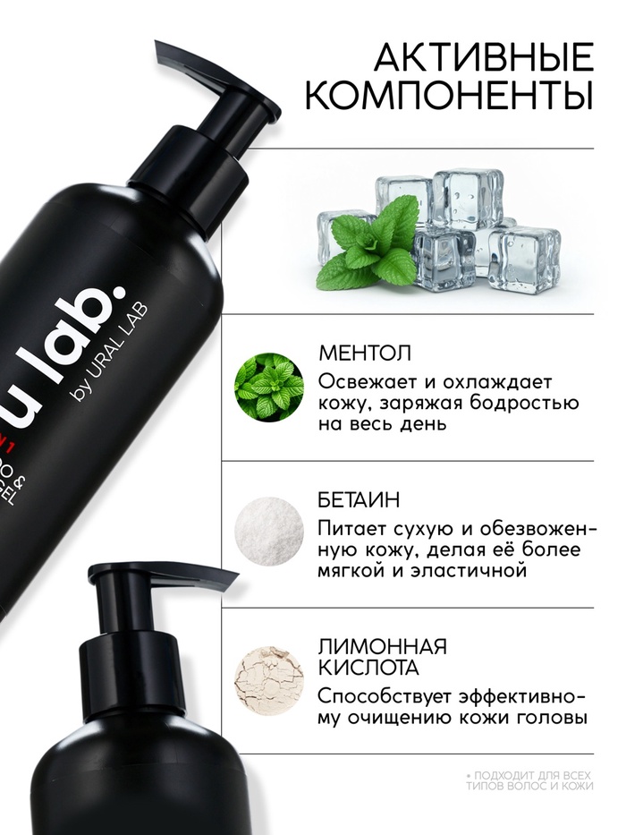 Гель для душа и шампунь мужской 2 в 1, 300 мл, с ментолом, 300 мл, ULAB