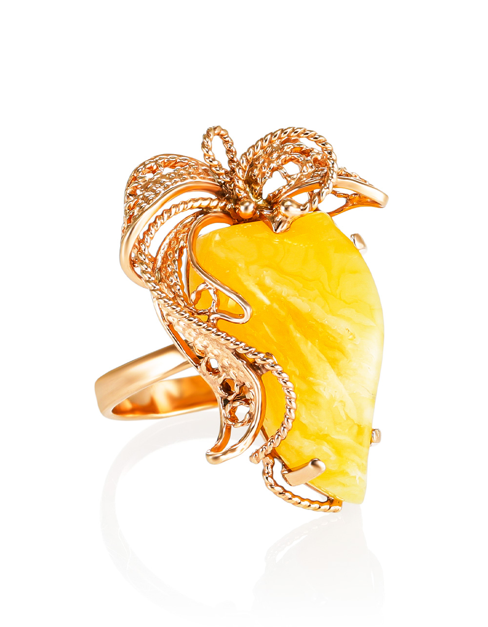Изысканное кольцо «Филигрань» из янтаря медового цвета